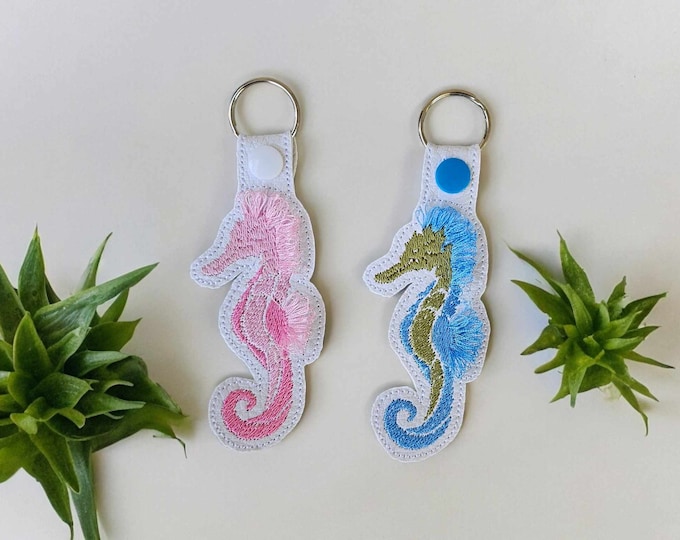 Fringed Seahorse Eyelet and Key fob Snap Tab keychain ITH machine embroidery designs fringe in the hoop summer beach sea ocean backpack tag