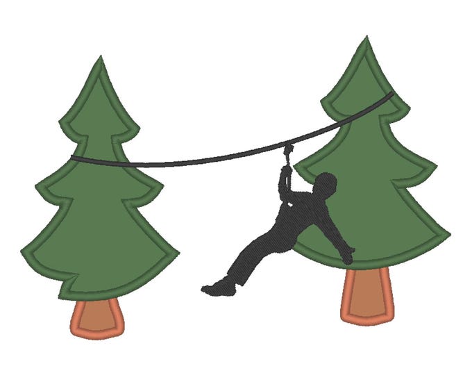 Zip-line boy silhouette pine tree applique machine embroidery designs birthday outfit assorted sizes for hoop 4x4, 5x7, 6x10 zipline