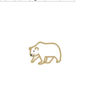 May include: A brown outline of a walking bear with a white interior. The bear is facing the left side of the image. The bear is 98.8 mm wide and 70 mm tall.