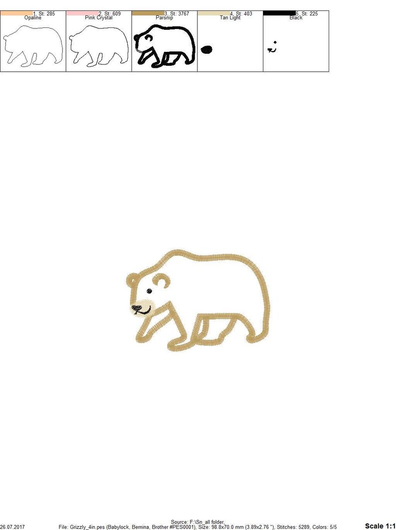 May include: A brown outline of a walking bear with a white interior. The bear is facing the left side of the image. The bear is 98.8 mm wide and 70 mm tall.