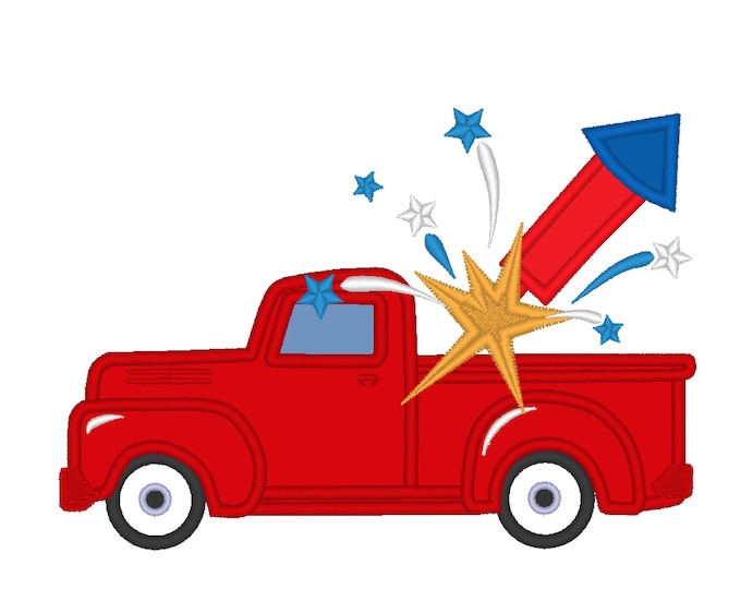 4th of July Vintage station wagon red truck with floating fireworks firecracker Applique machine embroidery designs patriotic kids boys