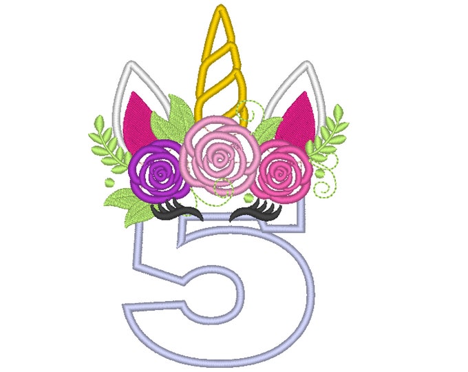 Unicorn numbers with roses crown Unicorn Birthday numbers applique Unicorn number birthday outfit, Unicorn rainbow 5x7 6x10 all numbers