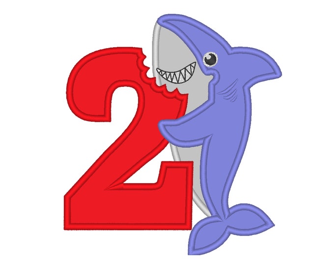 Baby Shark Birthday number 2 TWO bitten number kids boy Birthday outfit design machine embroidery applique designs for hoop 4x4, 5x7, 6x10