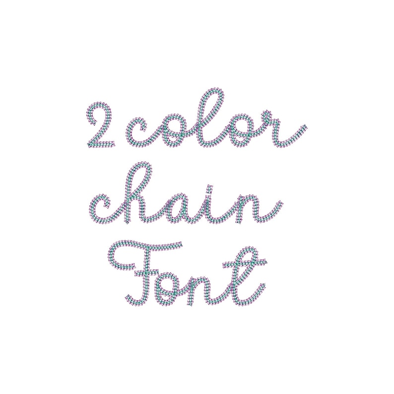 Puede incluir: Las palabras "2 color chain Font" est&aacute;n escritas en cursiva. El texto est&aacute; hecho con un dise&ntilde;o similar a una cadena con una mezcla de colores azul, morado y turquesa. El fondo es blanco.
