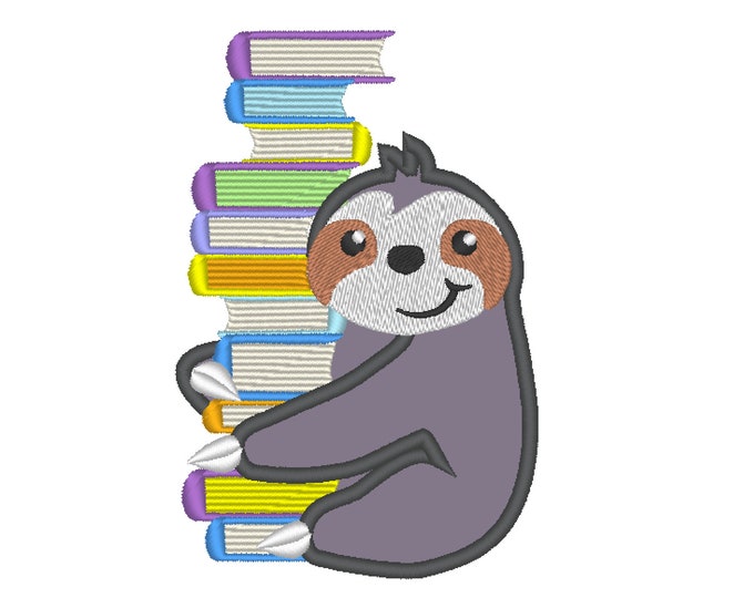 Sloth with books, Reading books sloth, stack of books, sloth applique - machine embroidery designs for hoop 4x4, 5x7 cute sloth animal kids