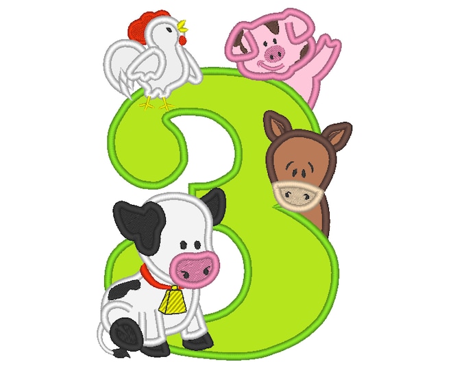 Farm birthday number THREE 3 with cow, pig, horse and rooster - cute farm theme machine embroidery applique design  5x7 6x10 assorted sizes