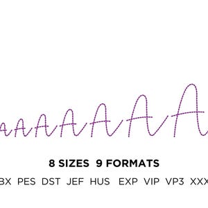 May include: A white background with the word "A" repeated in a purple, stylized font, increasing in size. Below the letters are the words "8 SIZES 9 FORMATS" and a list of file formats.