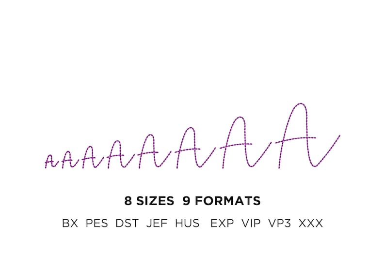 May include: A white background with the word "A" repeated in a purple, stylized font, increasing in size. Below the letters are the words "8 SIZES 9 FORMATS" and a list of file formats.