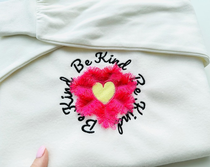 Saying Be Kind with Fluffy Heart Daisy fringed Flower fringe ITH in the hoop floral machine embroidery designs sizes 4 up to 7in summer kids