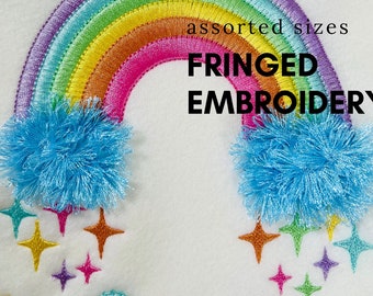 Top Rainbow fringed fluffy clouds in the hoop fur chenille awesome Rainbow machine embroidery designs for hoop 4x4, 5x7, 6x10 falling stars