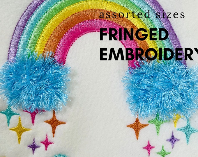 Top Rainbow fringed fluffy clouds in the hoop fur chenille awesome Rainbow machine embroidery designs for hoop 4x4, 5x7, 6x10 falling stars