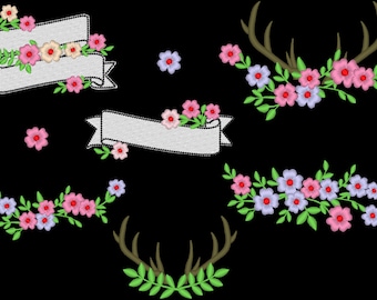 Flowers set, antlers with leaves and flowers, floral monogramming set Machine embroidery designs for hoop 4x4, 5x7 monogram frame border