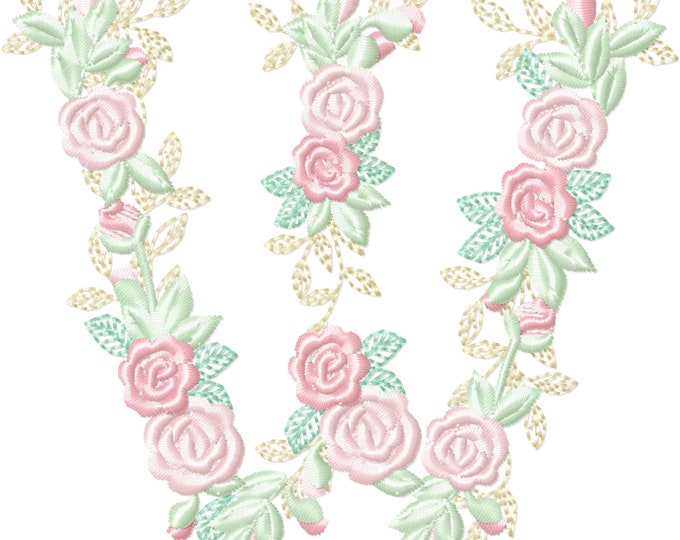 Delicate Roses Floral letter W garden flag monogram flowers flower flowered Font machine embroidery designs 3.5, 4, 5, 6, 7, 8 in