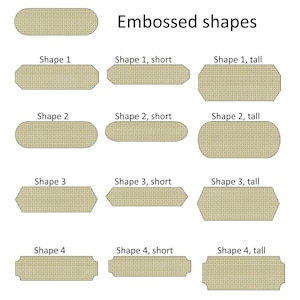 May include: A diagram showing different embossed shapes in beige, including rectangles and ovals, with the text "Embossed shapes". Each shape is labelled with a number and a size description, such as "Shape 1, short."