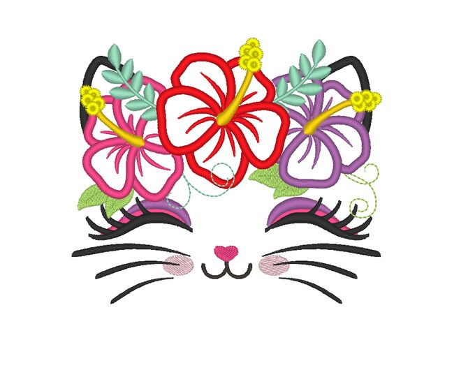 Classy Kitty face with hibiscus 3 flowers floral crown applique machine embroidery applique embroidery design cat head kitty