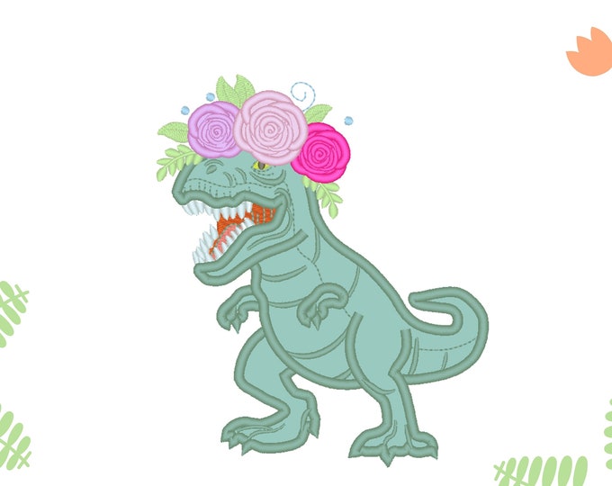 Floral girly Realistic T-rex Dinosaur Applique machine embroidery designs in assorted sizes for hoop 4x4, 5x7, 6x10 Jurassic World dino girl