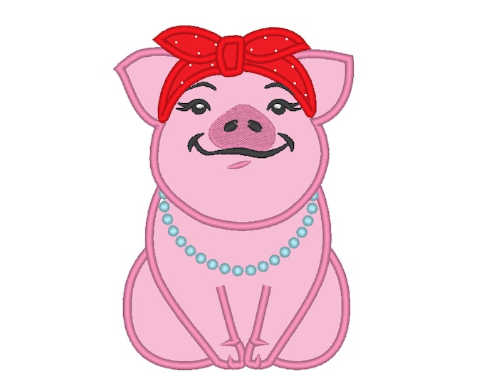 Piggie, pig with bandanna, awesome pig heifer, handkerchief pig applique embroidery designs 4, 5, 6, 7 inches