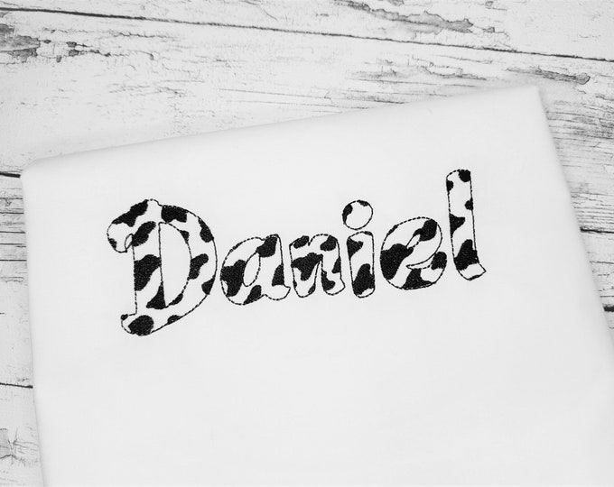 Cow spots patterned Font machine embroidery designs and raggedy applique designs assorted sizes monogram Font alphabet, farm cow black spots