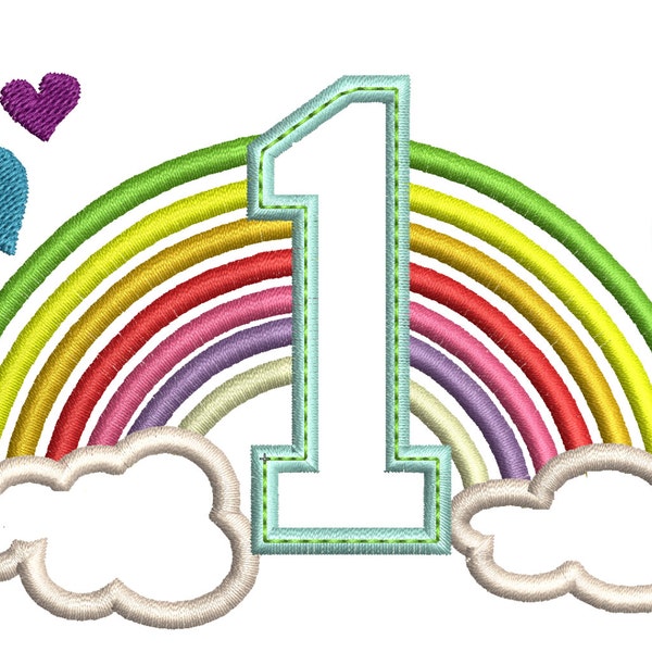 Cute Rainbow Birthday Number 1 ONE only machine embroidery applique designs, sizes NEW 4 inches 5, 6 and 7 inches