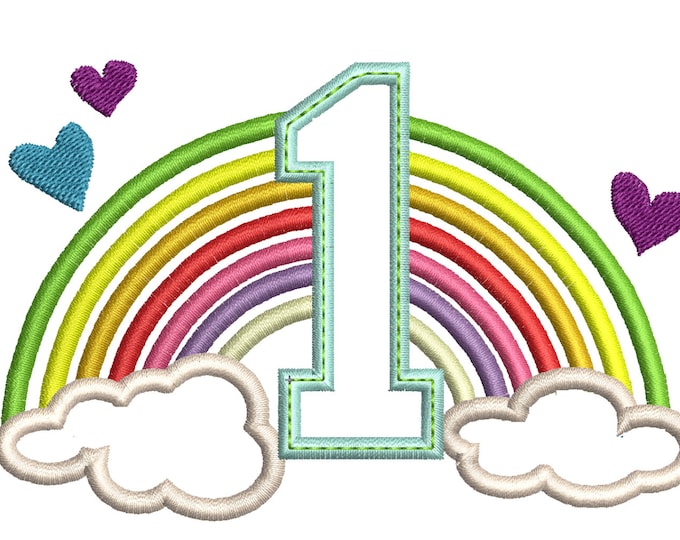 Cute Rainbow Birthday Number 1 ONE only machine embroidery applique designs, sizes NEW 4 inches 5, 6 and 7 inches