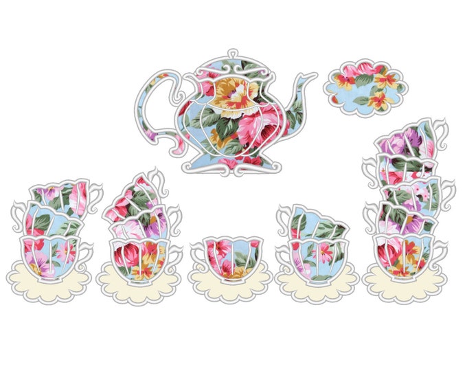 Tea party, Stacks of teacups, curved Stack of teacups machine embroidery applique designs  INSTANT DOWNLOAD