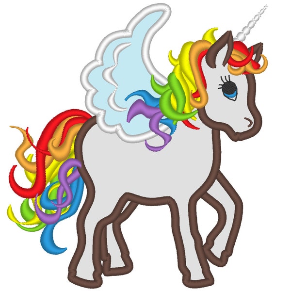 Rainbow unicorn - machine embroidery designs applique flying Rainbow unicorn in assorted sizes little cute baby girl horse Pegasus Unicorn