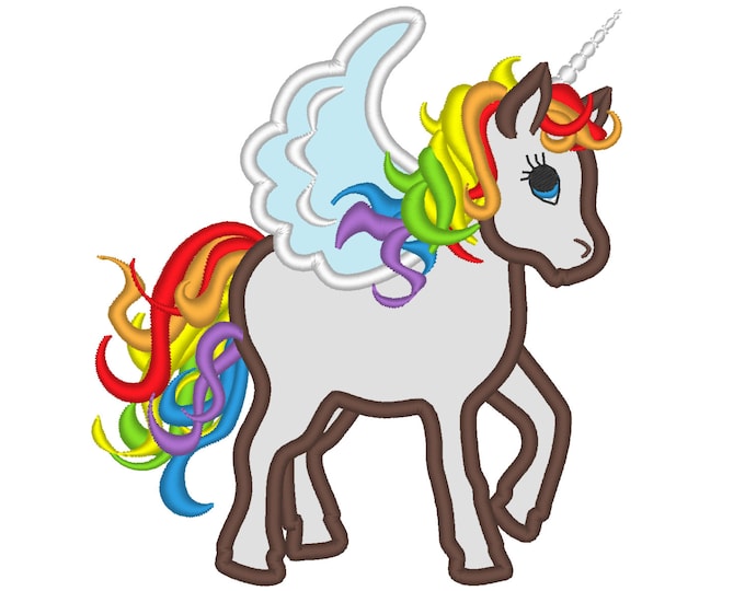 Rainbow unicorn - machine embroidery designs applique flying Rainbow unicorn in assorted sizes little cute baby girl horse Pegasus Unicorn