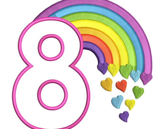 Cute Rainbow Birthday Number 8 EIGHT machine embroidery applique designs size 4, 5, 6 and 7 inches, rainbow baby birthday number 8