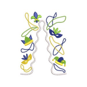 May include: A pair of white beaded strings with Mardi Gras themed decorations, including green, yellow, and purple beads, crowns, and masks.
