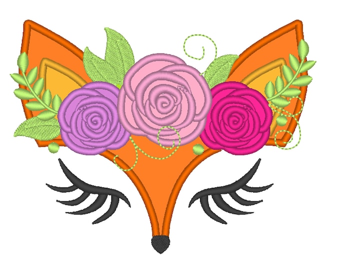 Pretty eyes Fox face with shabby chick roses crown applique machine embroidery designs applique Fox flowers embroidery fox head