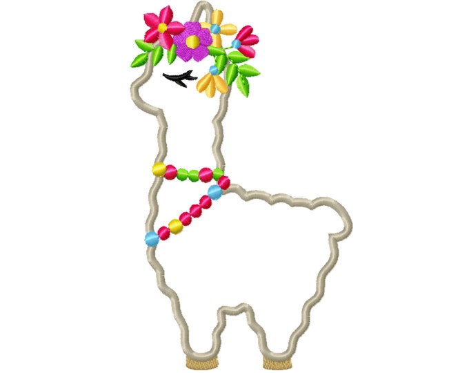 Lama, llama with flowers crown - flower llama machine embroidery applique designs - assorted sizes, download for hoop 4, 5, 6 and 7 inches