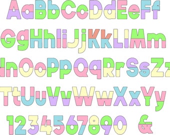 May include: A colorful alphabet and numbers with a pastel color scheme. The letters and numbers are outlined in black and have a three-dimensional appearance. The colors used are pink, light blue, light green, and yellow.