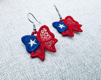 Patriotic Bow earrings ITH in the hoop FSL freestanding lace machine embroidery designs kids girls charm 4th of July Independence Day