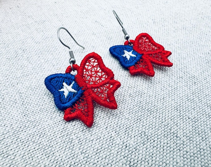 Patriotic Bow earrings ITH in the hoop FSL freestanding lace machine embroidery designs kids girls charm 4th of July Independence Day