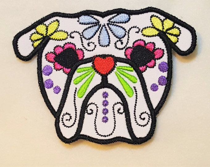 English bulldog Little Sugar Skull applique design, dog skull embroidery,  4x4, 5x7