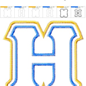 Puede incluir: Un dise&ntilde;o de bordado digital de la letra H en amarillo y azul. El dise&ntilde;o mide 116,4 mm por 115,0 mm y tiene 5232 puntadas.