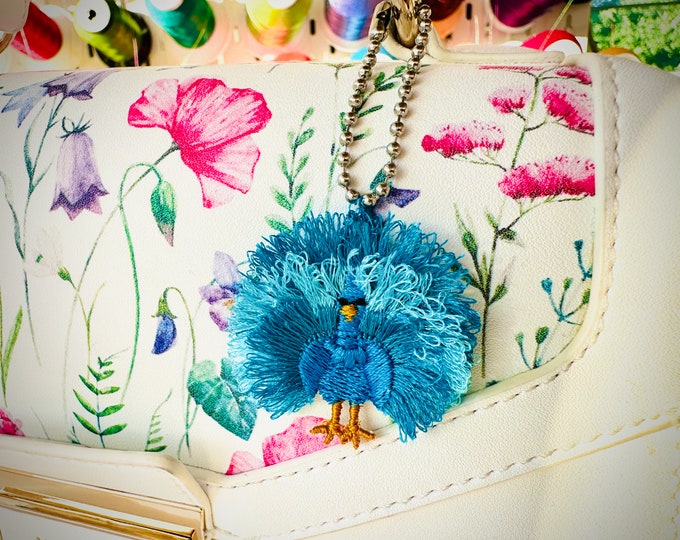 Fringe Peacock Cute Fluffy earrings or charm necklace pendant FSL freestanding lace machine embroidery designs fur fuzzy awesome summer bird