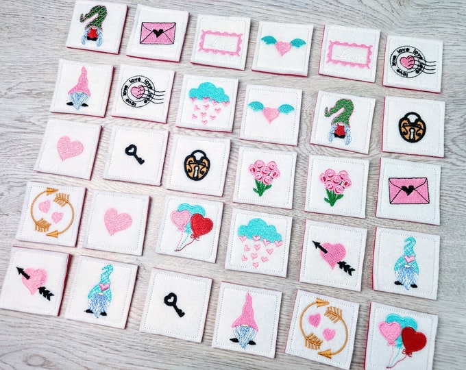 Memory game "valentine gnomes" - machine embroidery designs In the hoop ITH design project download for 4x4, 5x7 6x10 love hearts gnomes
