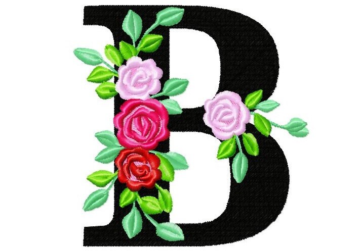 Roses floral Individual letter M garden flag monogram roses crown flowers  flower Font machine embroidery design 2, 3, 4, 5, 6, 7, 8 in