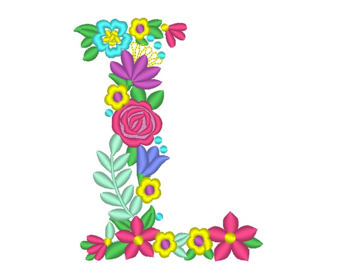 Floral letter L garden flag monogram liberty fashioned flowers flower Font machine embroidery designs monogram L only 4, 5, 6 and 8 in