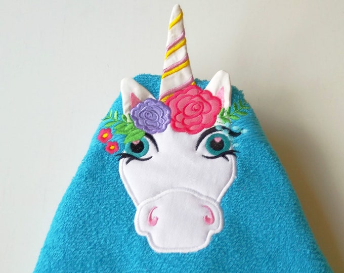 HOODED TOWEL Unicorn, hooded towel topper machine embroidery design Unicorn head ears horn ITH in the hoop dimensional machine applique kids