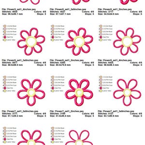 May include: A set of six embroidery designs featuring a pink flower with a yellow center. The designs are available in four different sizes: 1 inch, 1.5 inches, 2 inches, and 2.5 inches.