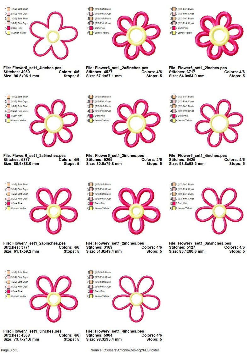 May include: A set of six embroidery designs featuring a pink flower with a yellow center. The designs are available in four different sizes: 1 inch, 1.5 inches, 2 inches, and 2.5 inches.