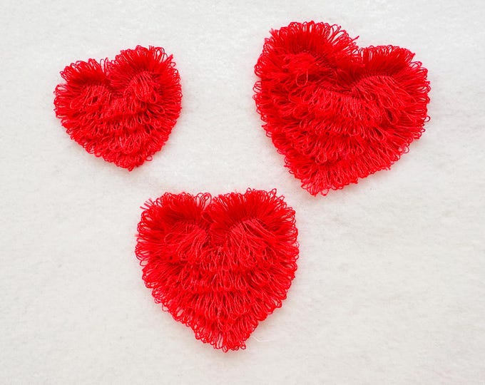 Best fringed Heart fluffy Heart shape Valentine Day fur chenille machine embroidery designs mini sizes 1.6 up to 2.5 inch fringe in the hoop