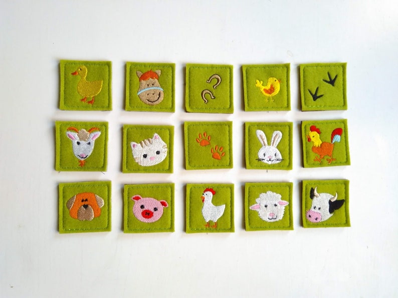 Memory game "FARM" machine embroidery design In the hoop embroidery ITH project for hoop 4x4, 5x7, 6x10 kids match game farm animals faces image 2