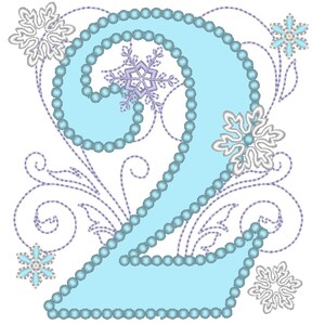 Puede incluir: Un número dos azul claro con un borde de perlas. El número está rodeado por un diseño decorativo de espirales y copos de nieve en tonos azules, blancos y morados.