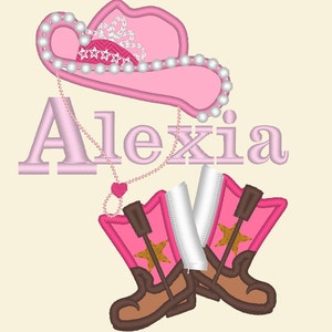 Cowgirl baby girl name, font included machine embroidery applique designs for hoop 4x4, 5x7 farm girl hat and boots birthday outfit, BX incl