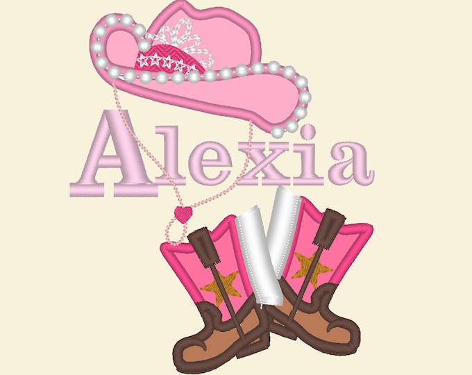 Cowgirl baby girl name, font included machine embroidery applique designs for hoop 4x4, 5x7 farm girl hat and boots birthday outfit, BX incl