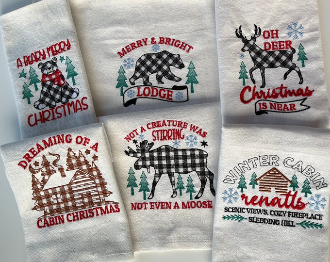 A Beary Merry Christmas gingham old fashioned classic Happy Holidays Joy Kitchen dish towel quotes 6 pcs machine embroidery designs 4x4, 5x7