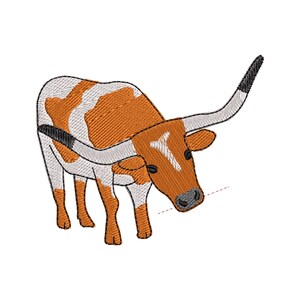 May include: Embroidered image of a longhorn steer. The steer has a white and orange body with large curved horns. The steer is facing down and to the right, with a detailed stitched texture.